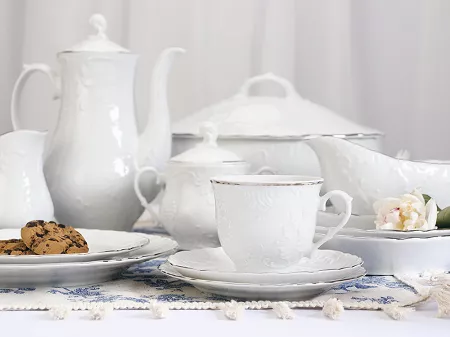 Serwis obiadowo - kawowy na 12 osób (82 el.) Ćmielów - Rococo 3605 PLATYNOWA LINIA