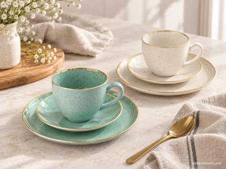 Garnitur śniadaniowy dla 2 osób (6 el) Bogucice - Alumina Granite Mint Blue i Cool White Gold Nordica 1129G 1128G